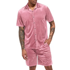 LecGee Men Velvet Shirt Shorts Oversized Button Down Top Two Piece Set 60s Outfit Loungewear Party Tracksuit(Pink,Large)