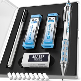 Nicpro Blocky Gear 0.7 mm Mechanical Pencils Set in Case, Metal Pencil with Lead Refills, Eraser for Professional & Adult Art Writing Drafting Drawing