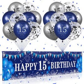 Blue 15th Birthday Decorations for Boys Girls, Navy Blue Silver Happy 15th Birthday Banner and 15th Birthday Balloons for 15th Birthday Anniversary Party Supplies