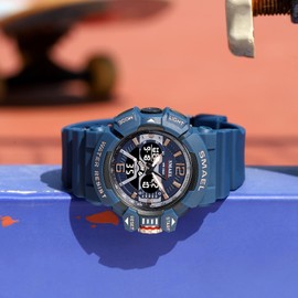 Boosns Mens Watch, Sport Digital Military Waterproof Watches LED Outdoor Dual Time Fitness Watches (Dark Blue)