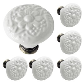 Biaungdo 6 Pcs White Ceramic Kitchen Cabinet Knobs, Retro Ceramic Dresser Knobs, Vintage Round Drawer Knobs, Decorative Knobs and Pulls, Closet Door Knobs Handles for Cabinet, Drawer, Cupboard