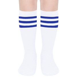 DOOVID Kids Girls Knee High Socks Soccer Socks for Toddler Boys Girls Tube Socks School Uniform Long Stockings White Blue 6-9 Years