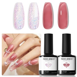 modelones Jelly Gel Polish 15 ML 2 Colors Red White Glitter Jelly Gel Nail Polish Shimmer Pearl Pink Soak Off UV Glitter Gel Nail Polish For Nail Art DIY French Manicure At Home For Women Girl