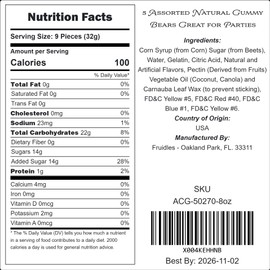 5 Assorted Natural Gummy Bears Great for Parties, Events, Birthday, and Snacking (Half-Pound)
