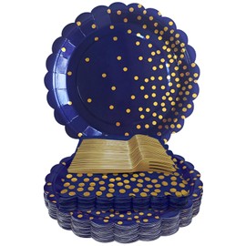 WYQJHKV Navy Blue and Gold Paper Plates and Napkins,7 Inch Navy Blue and Gold Scalloped Disposable Dessert Plates Paper Napkin Fork Party Supplies for Wedding Baby Shower Birthday(25 Guest)