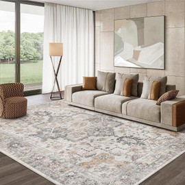 GENIMO 5x7 Area Rugs for Living Room, Machine Washable Non Slip Vintage Rugs, Low Pile Lightweight Chenille Print Rug for Bedroom, Dining Room, Home Office, Light Taupe Brown