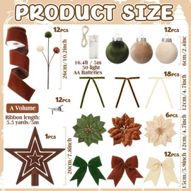 57 Pcs Christmas Velvet Ornament Kit 12 2.4" Velvet Balls 24 4.7" 5.9" Bow 6 4.7" Poinsettia 5.5 Yds Wide Ribbon Star Topper Lights 12 Picks for Xmas Tree Holiday Decor(Beige,Dark Green,Brown)