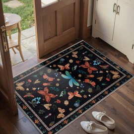 2x3 Washable Rug,Small Door Mat Floral Entryway Rug, Boho Front Door Mat, Non Slip Area Rugs, Low Pile Throw Accent Carpet for Indoor Entrance, Bathroom and Kitchen(Black 2x3ft)