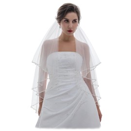 SAMKY 2T 2 Tier Wavy Pearl Crystal Beaded Veil - White Fingertip Length 36" V442