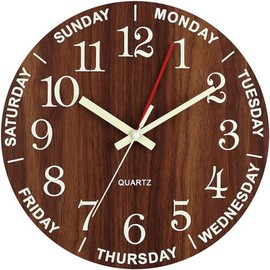 Felvoro Wall Clock 12 Inch Brown Weekly Wall Clock Silent Battery Operated Luminous Hands Retirement Elderly Wooden Glow in The Dark Wall Clock