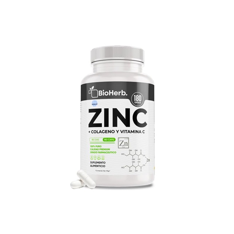 Bioherb Zinc Colageno Vitamina 180 Capsulas 500mg Extremadamente Eficaz Recuperacion