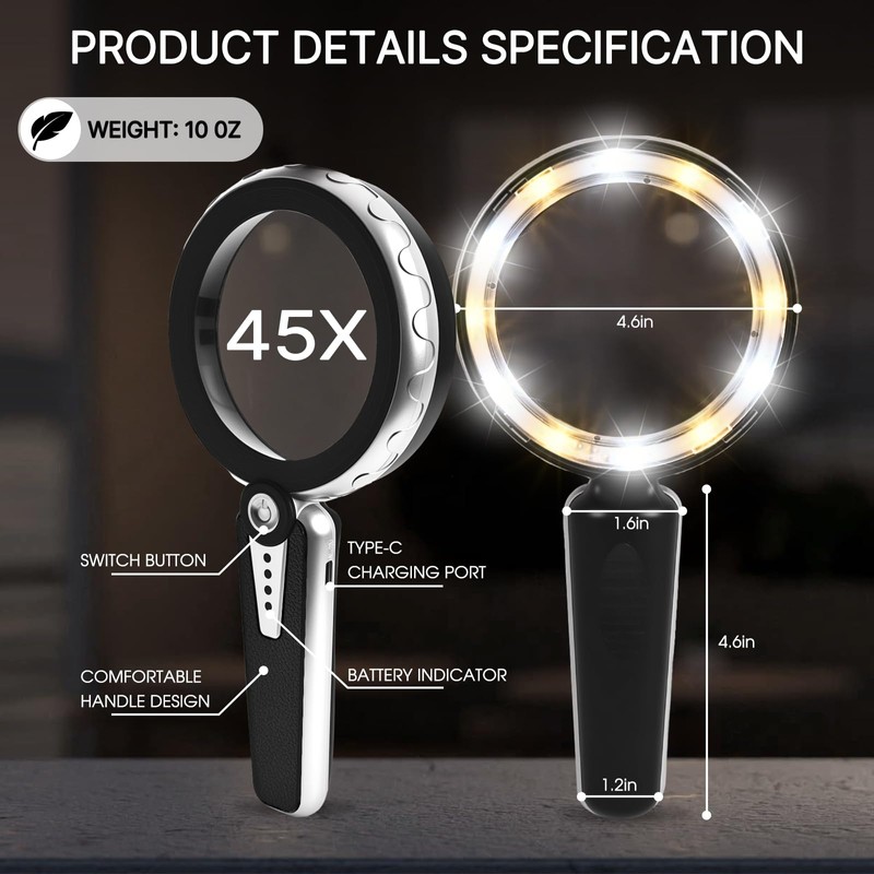 45X Magnifying Glass with Light, 4.6 Inch 1200mAh USB Rechargeable,