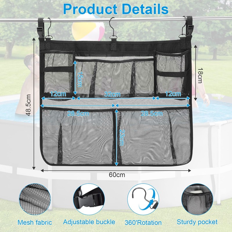 Cyiecw Pool Storage Bag with 3 Hooks, Removable Pool Storage