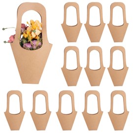 Framendino, 12 Pack Kraft Flower Gift Bags 16.9x9x3.54 Floral Wrapping Bouquet Bag with Handle Cone Flowers Sleeves for Florist Packaging Wedding Party Decoration