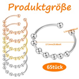 Ormromra Pack of 6 Anxiety Ring, Stainless Steel Anti-Stress Ring, Anxiety Ring with Beads, Adjustable Spinner Decompression Rings, Fidget Ring for Women, Stainless Steel