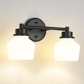 Emak 2-Light Vanity Light, Modern Farmhouse Black Bathroom Fixture Over Mirror With Milk Glass Shade, VL122-BK-ML-2