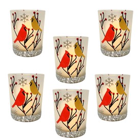 Cardinal Candlehoders Holiday Set of 6 Feature a Pair of Cardinals Perched on a Branch. Each Holder Includes a LED Flameless Tealight Candle and Each Measures 2.75" X 2.25"