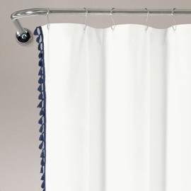 Lush Decor Boho Melora Tassel Yarn Dyed Eco-Friendly Recycled Cotton Shower Curtain, 72" x 72", Navy