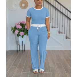 HTD Womens 2 Piece Outfits Sweatsuits Set Short Sleeve Wide Leg Pants Matching Lounge Sets Tracksuit Blue S