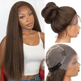 WIGNEE Full Lace Kinky Straight Wig 30 Inch Synthetic Yaki Straight Wig 180% Density Pre-Plucked Kinky Wig with Baby Hair Yaki Wigs For Black Women Daily Use(Brown)