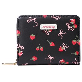 Sunwel Fashion Women Cute Print Wallets with Credit Card Slots ID Window & Zipper Coin Pouch, STRAWBERRY BOW BLACK, Coquette