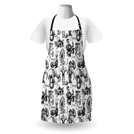 Ambesonne Modern Apron, Circus Words and Themed Continous Pattern with Magician Baloons Phrase Artwork, Unisex Kitchen Bib with Adjustable Neck for Cooking Gardening, Adult Size, Black and White