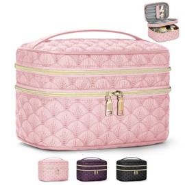 IGOLUMON Makeup Bag Toiletry Bag Women Travel Cosmetic Bag Waterproof Toiletries Bag Quilted Make Up Bag Organizer Double Deck Makeup Bags Cosmetic Makeup Pouch Skincare Bag Portable Pink