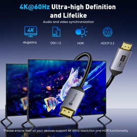 Reborn DisplayPort to HDMI Cable 6FT - 4K@60Hz/ 2K@120Hz, Unidirectional Display Port 1.2 Source to HDMI 1.4 Screen, DP to HDMI Cord Compatible for Computer, NVIDIA, AMD, Dell, Lenovo, Monitor