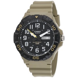 Casio MRW200H Series | Men's Analog Watch | Beige/Black | Sporty Design | 100 Meter Water Resistance | Date Display | Rotary Bezel | Regular Time Keeping (HR, Min, SEC, PM, Date, Day) | 3 Year Battery