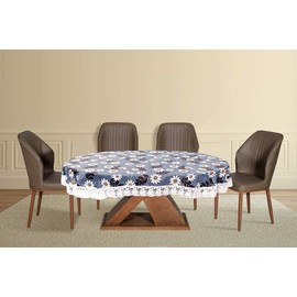CASA-NEST Plastic Flowered Oval Shaped 4 to 6 Seater Table Cover with White Border Lace ( Blue, 60x90 inches) printed009