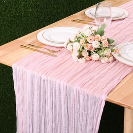 Kesfey Pink Cheesecloth Table Runner 35"x157", 13FT Long Gauze Table Runner Boho for Wedding, Festive Decorations and Large Parties(90x400cm)