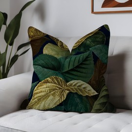 ggaimwf Set of 2 Cushion Cover Leaf Green Yellow Leaves Plant Theme Vintage Fine Linen Cushion Cover Throw Pillow Cases Square for Modern Living Room Bedroom Couch Outside Seat Office 45x45cm