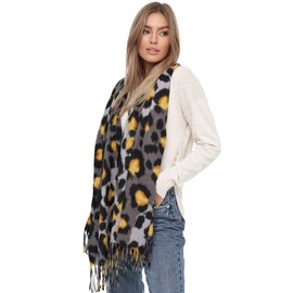 Glamexx24 Women's XXL Scarf Cuddly Warm Leopard Pattern 3 Coloured Fringe Poncho Scarf Oversized Blanket Scarf, Grey, yellow, black