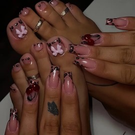 Leopard French Tip Press on Toenails Pink Press on Nails Medium Square Fake Nails with 5D Pink Bow Charms Design Glossy Skin Tones Fake Toenails 3D Cherry False Nails for Women DIY Manicure 48Pcs