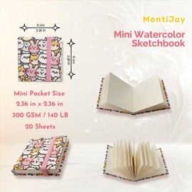 MontiJoy Mini Travel Watercolor Sketchbook 6x6 cm Pocket Watercolor Book with Fabric Cover 300gsm 140lb, 20 Sheets (300gsm Sketchbook - Pink 1 pc)
