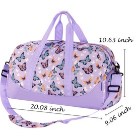 Choco Mocha Kids Travel Duffle Bag for Girls Weekend Overnight Bag Dance Gymnastics Sports Bag with Shoe Compartment, 25-30L Butterfly Purple