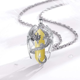 INFUSEU Crystal Dragon Necklace, Nordic Dragon Wrapped Cylinder Gemstone, Crystal Pendant, Hexagonal Healing Crystal Pendant, Gothic Natural Crystal Jewellery, Gift for Men and Women