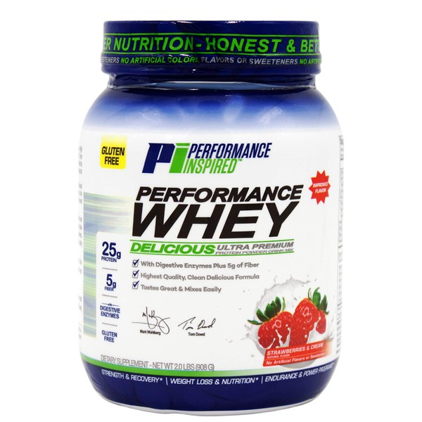 Performance Inspired Nutrition WHEY Protein Powder - All Natural - 25G - Contains BCAAs - Digestive Enzymes - Fiber Packed - Strawberries & Cream - 2lb