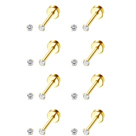 MILACOLATO 8 Pairs of Stud Earrings Set, Hypoallergenic Stainless Steel for Men and Women, Cartilage Helix Earrings, 18 Carat Gold-Plated Cubic Zirconia Earrings with Screw Back, Flat Back Stud