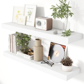 Heimlove 36 Inch Floating Shelves for Wall 8 Inch Deep White Shelves Set of 2,Wall Mounted Rustic Wood Long Floating Shelf with Invisible Brackets for Bedroom Kitchen Living Room