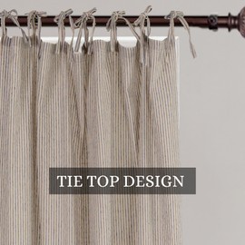 THE ART BOX Natural Linen Gauze Tie Top Sheer Semi Blackout Striped Curtains for Bedroom Filtering Hanging Substitute Windows Home Décor Curtain, Blue on Beige, 2 Panel Sets, (84"x42" inch Each)