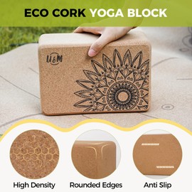 U&M Cork Yoga Blocks 2 Pack Set,Natural Cork High Density 9"x6"x4" Yoga Blocks Odor-Resistant Non-Slip for Yoga, General Fitness, Pilates, Stretching and Toning