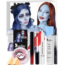 Honlley Halloween Sally & Corpse Bride Makeup Kit Costume Women - Light Blue Water-Based Face Paint Washable, Red Lip Stick, Black Eyeliner, False Lashes,White Eyeshadow | Cosplay Party SFX Makeup Set