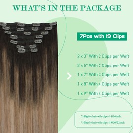 SURNEL Hair Extensions Clip in Human Hair Ombre Dark Brown to Chestnut Brown and Dirty Blonde Highlighted Remy Human Hair Extensions Silky Straight 18inch 7Pcs 160g (7C#/2/6/18-18)