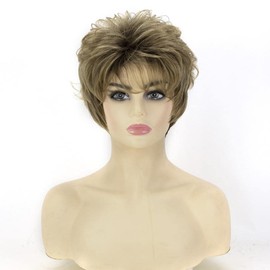 AIYLMZ Short Fluffy Blonde Wigs for Women, Brown Bob Wig with Pixie Cut and Bangs, Dark Rooted Synthetic Wigs (Blonde Mixed Brown)