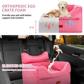 Dog Car Seat - Memory Foam Dog Booster Seat for Small Dogs Up to 25lbs-Elevated Pet Car Seat with Storage Pockets and Dog Seat Belt-Soft Pet Travel Bed for Front & Back Seats-Removable Washable-Pink