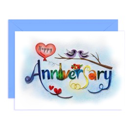 QUILLCRAFT Happy Anniversary Card, LOVE Retro Romantic Card for Wedding, Engagement, Valentine for Him, Her, Parents, Wife, Husband, Quilling Quilled Card with Envelope (Colorful Happy Anniversary)
