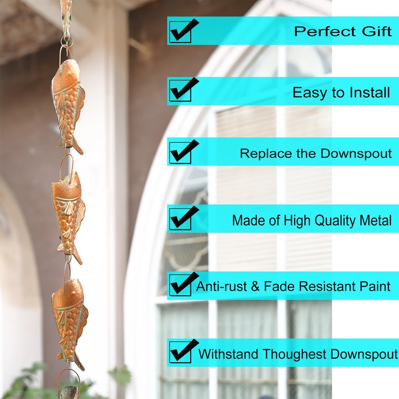Copper Patina Rain Chain with Rainbow Trout for Heavy Rain,