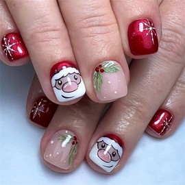 24 Pcs Christmas False Nails Short - Press on Nails with Santa Claus and White Snowflake - Red Fake Nails Short with Glue - Stick on Nails for Women and Girls Suitable for Christmas Party