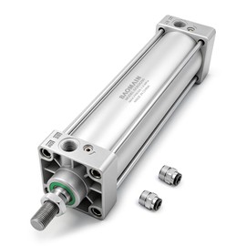 Baomain Pneumatic Air Cylinder SC 63 x 250, PT 3/8 Port, 2-1/2" Bore, 9.84" Stroke, Single Rod Double Acting, M16x1.5 Threaded Rod, with 2X Push-in Fittings